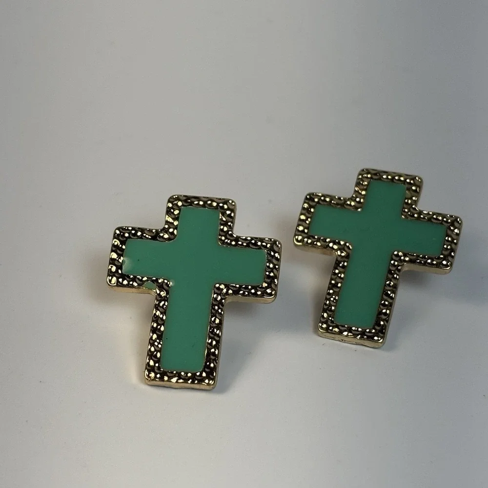 Cross Earrings Religious‎ Crucifix Green Enamel On Gold Tone Huge